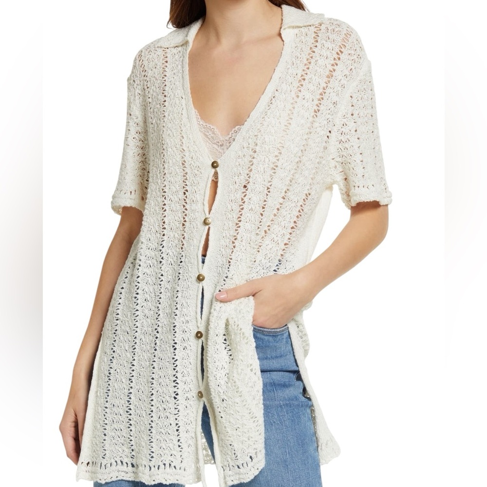 Free People Cream Open-Knit Button Cardigan